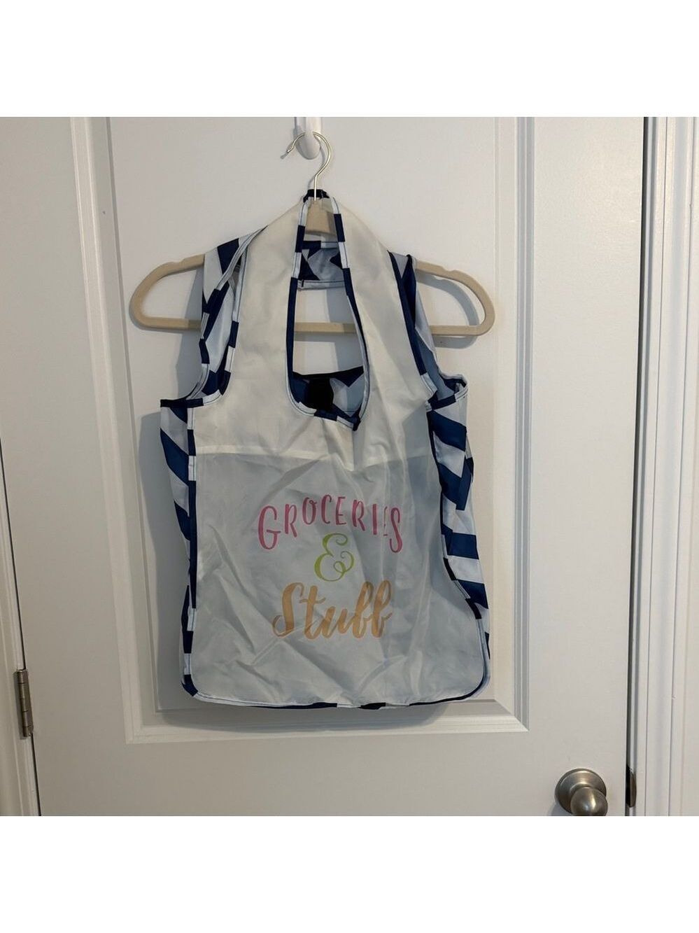 Shutterfly Reusable Grocery Tote Bag Blue White Striped Foldable Shopping Bag